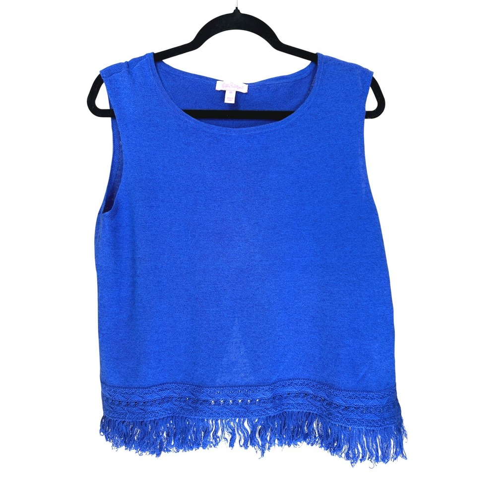 Lilly Pulitzer Edenwood Linen Fringed Tank Royal Blue Split Open Back Medium - Picture 6 of 7